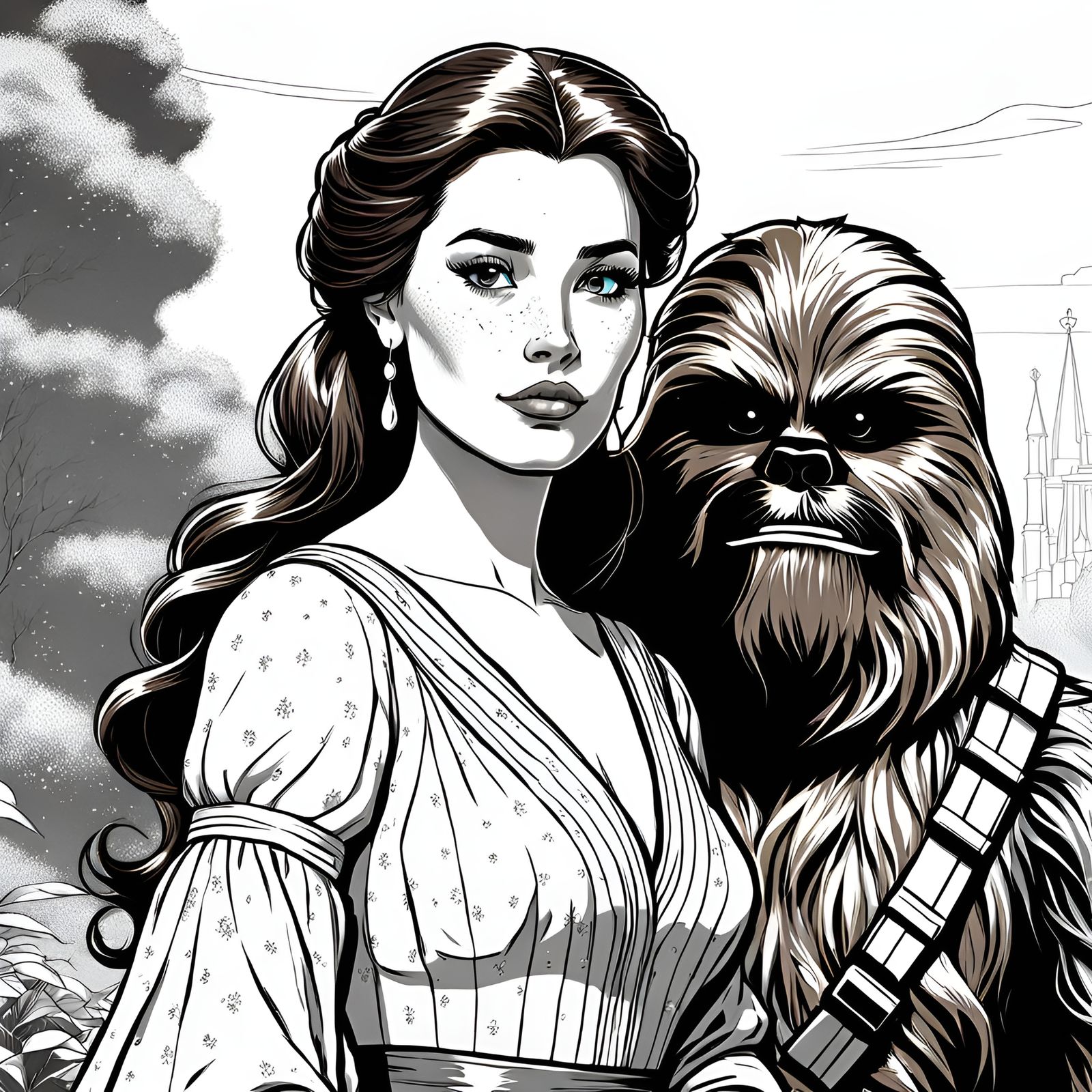 Belle and Chewbacca Portrait in Character Design Style