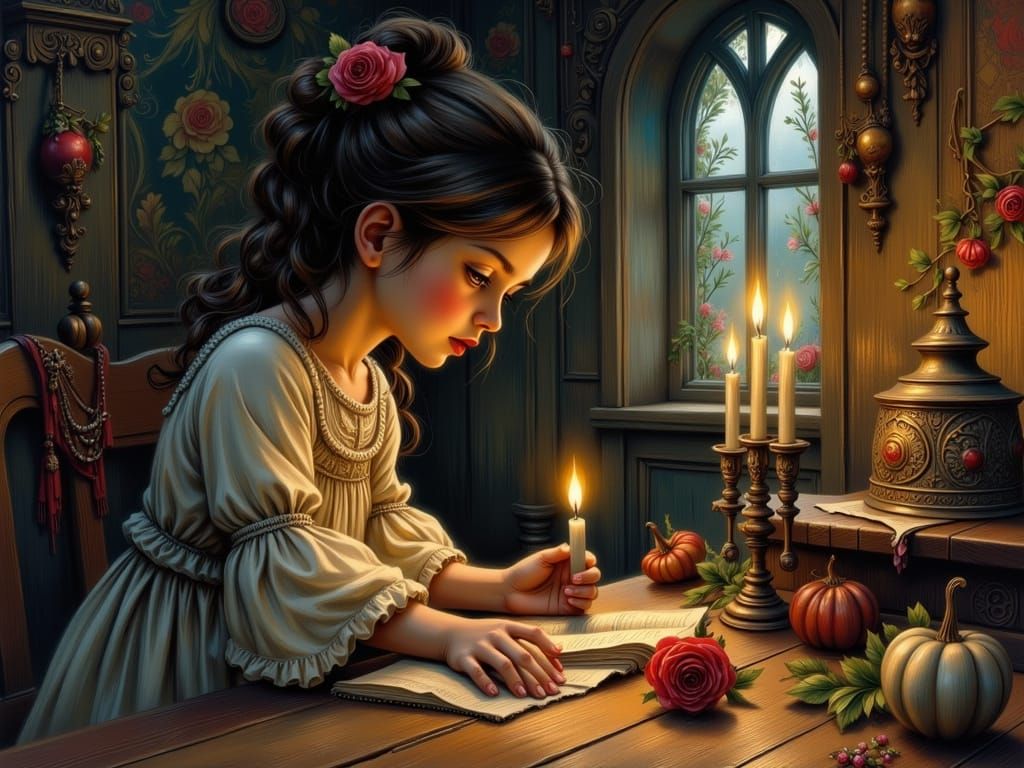 Little girl reading by candlelight