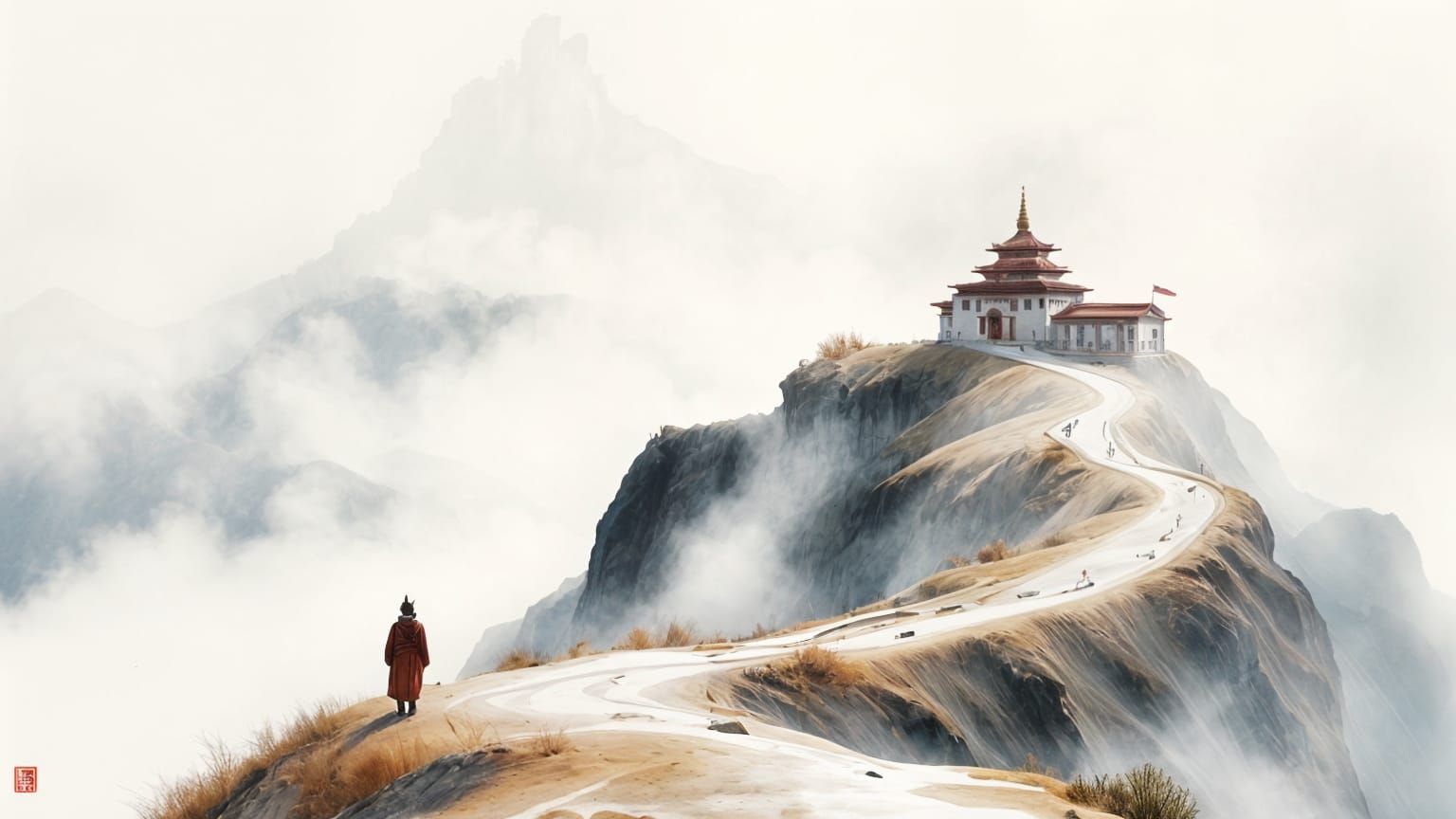 Misty Tibetan Heights in Sumi-e Style