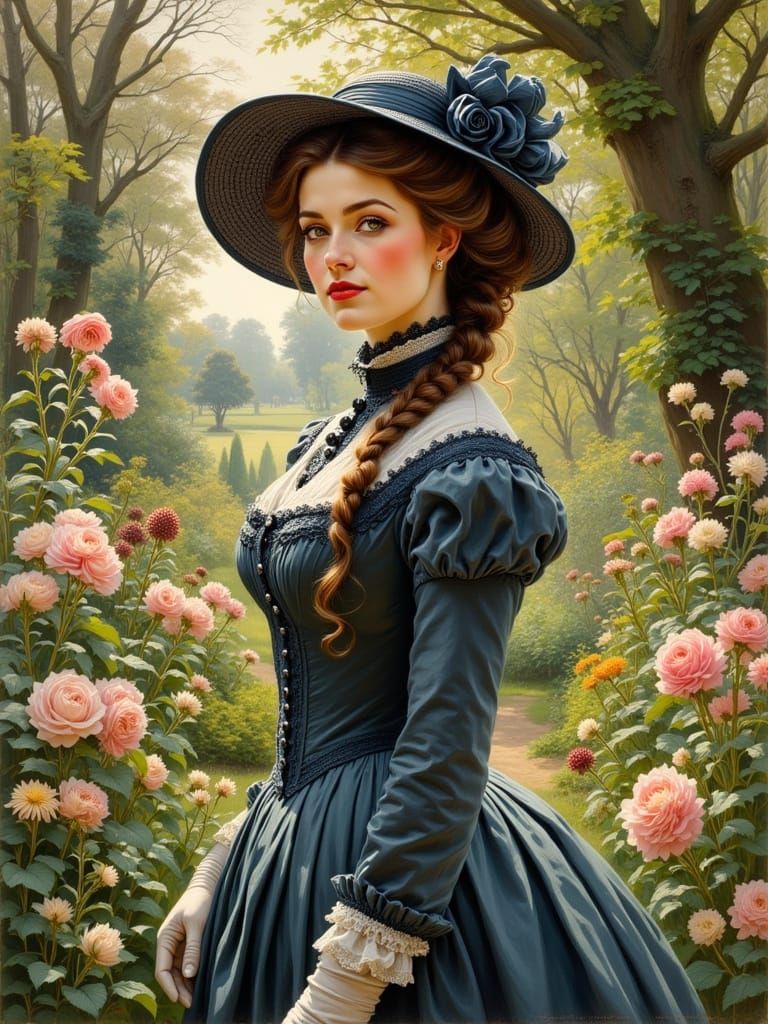 Victorian Woman in Botanic Garden, Arthur Rackham Style