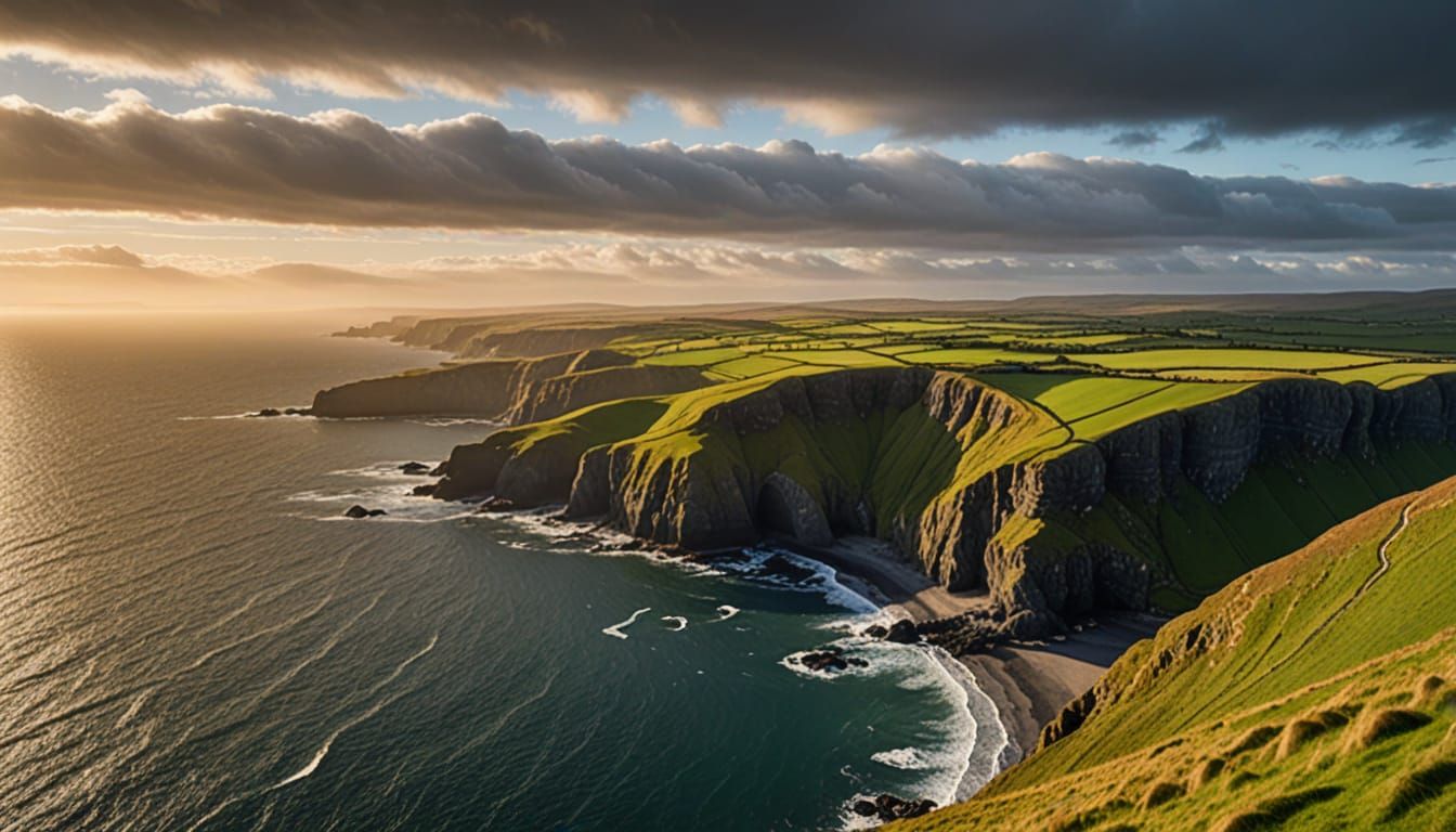 Ethereal Irish Coastline Landscape in Golden Hour