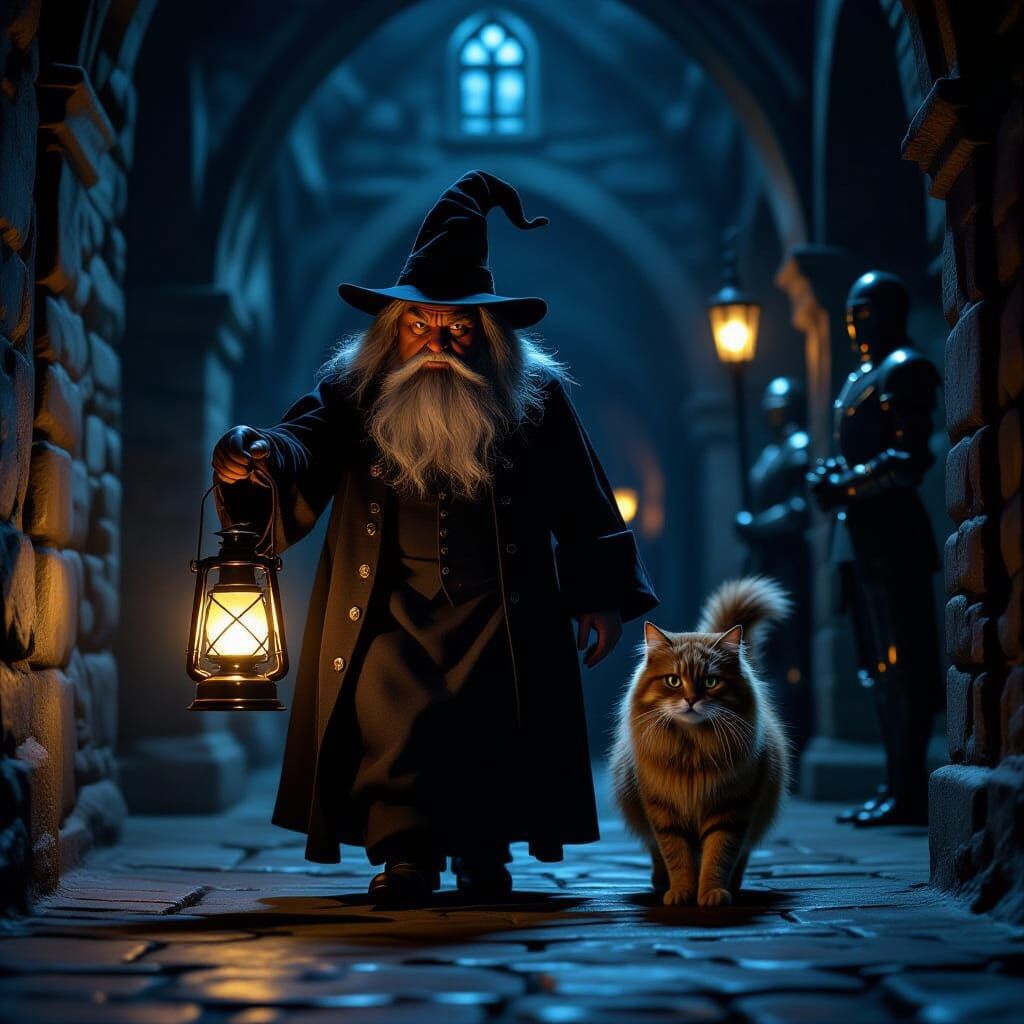 Filch & Mrs Norris Patrol Hogwarts Halls with Lantern