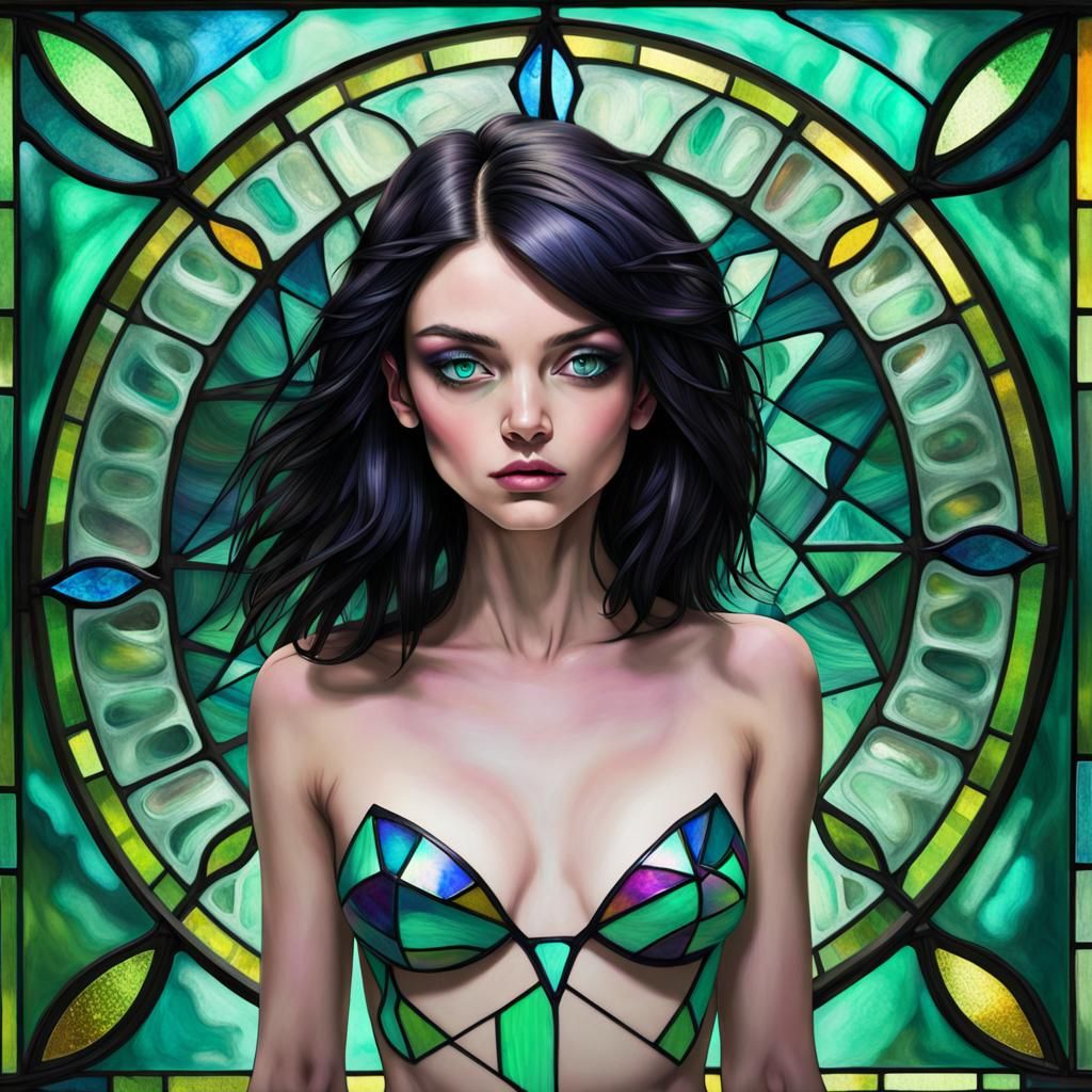Opalescent Beauty with Green Eyes in Stained-Glass Style