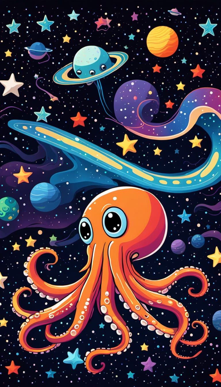 Cute Space Squid in Vibrant Anime Art