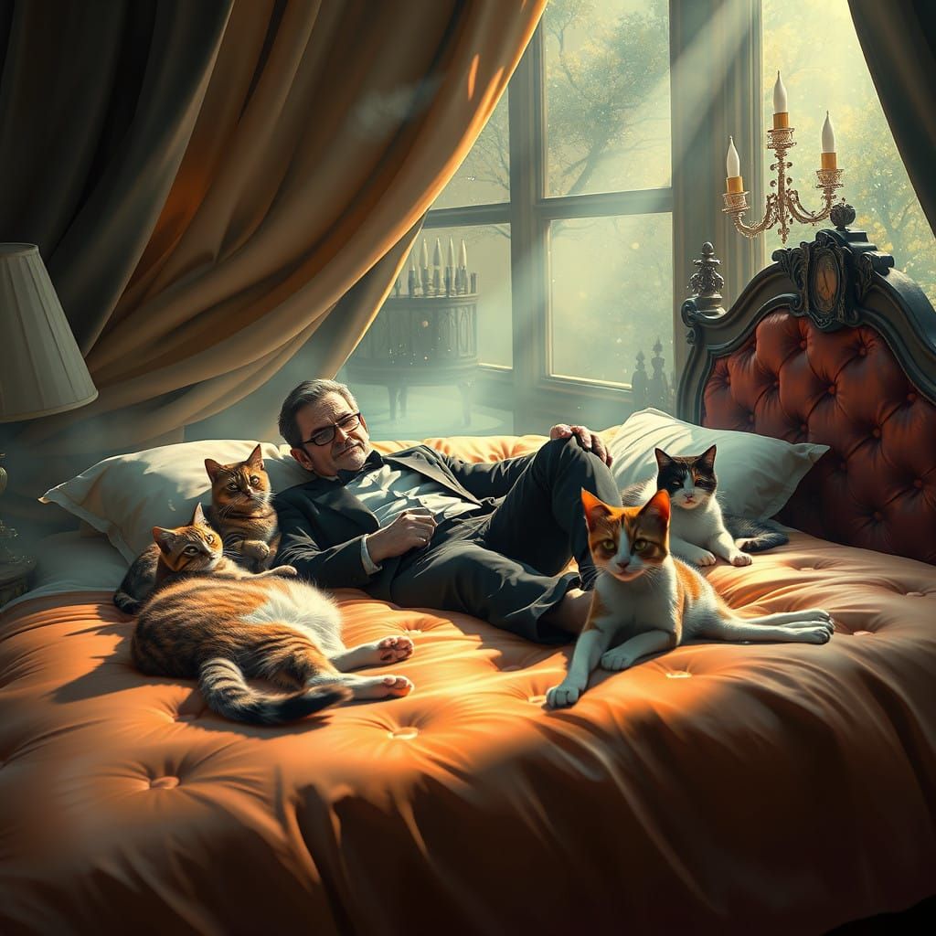 Gentleman Surrounded by Four Cats in a Whimsical Dreamlike A...