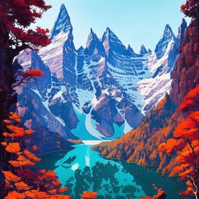 Scenic Mountain View: Hyperdetailed Gouache Illustration