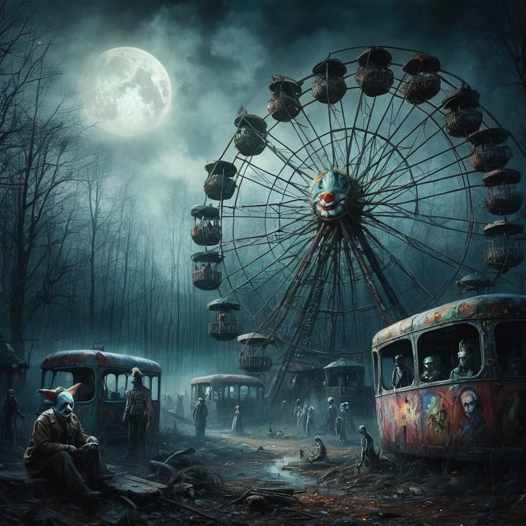 An abandoned amusement park extends into a foggy, moonlit fo...