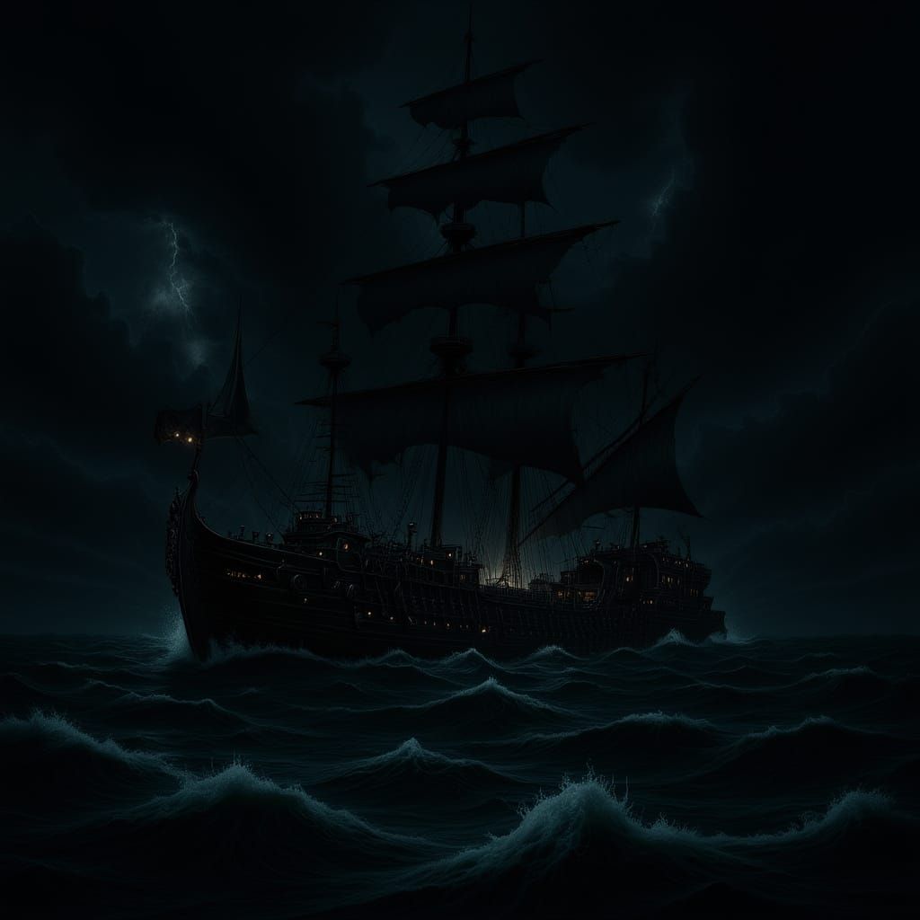 Steampunk Warship in Charcoal Ocean Night