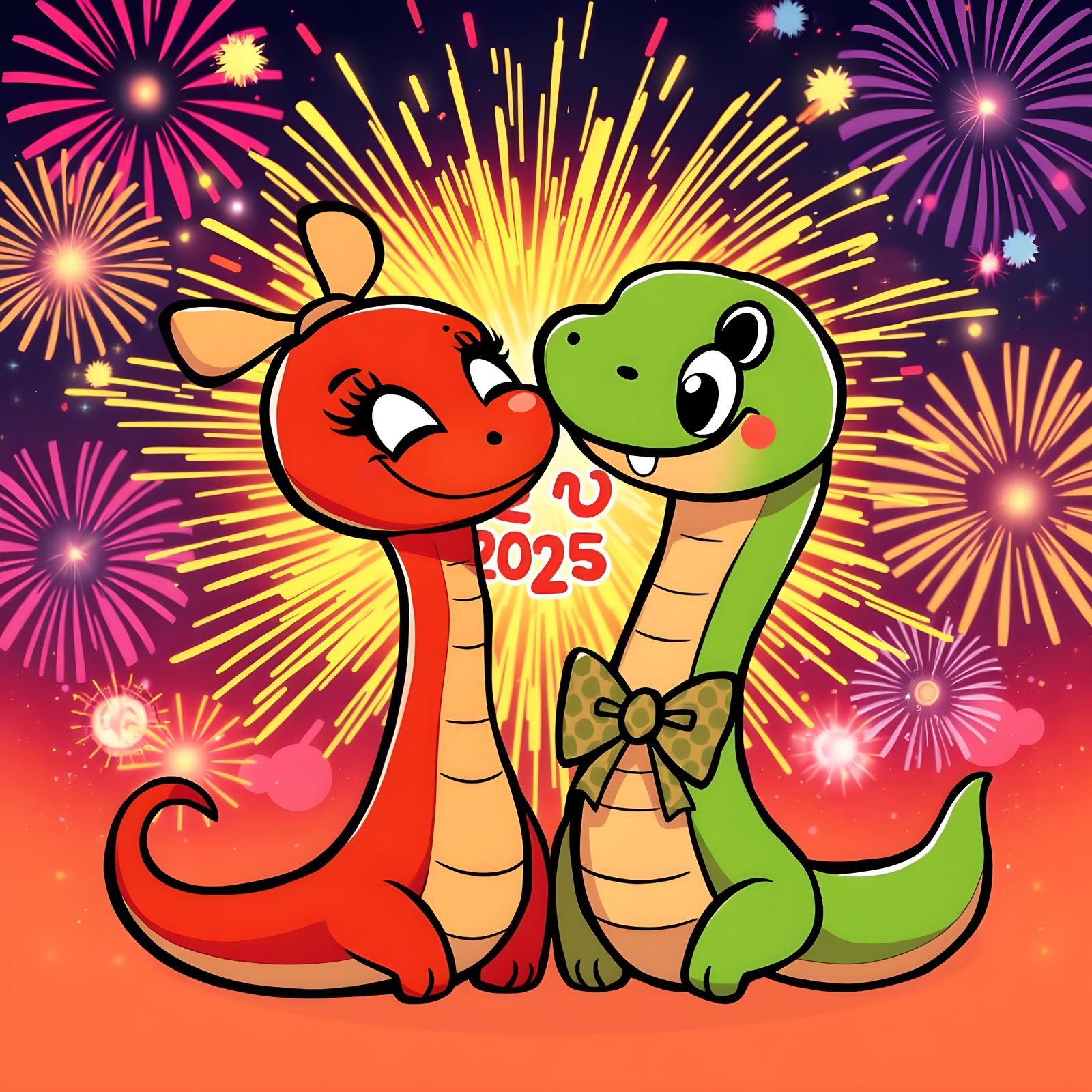 Love Struck Cartoon Snakes Pose in Vibrant Fireworks