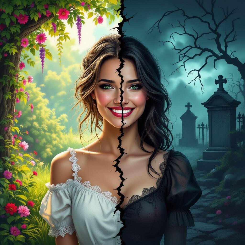 Woman Between Life and Death in Surrealist Style