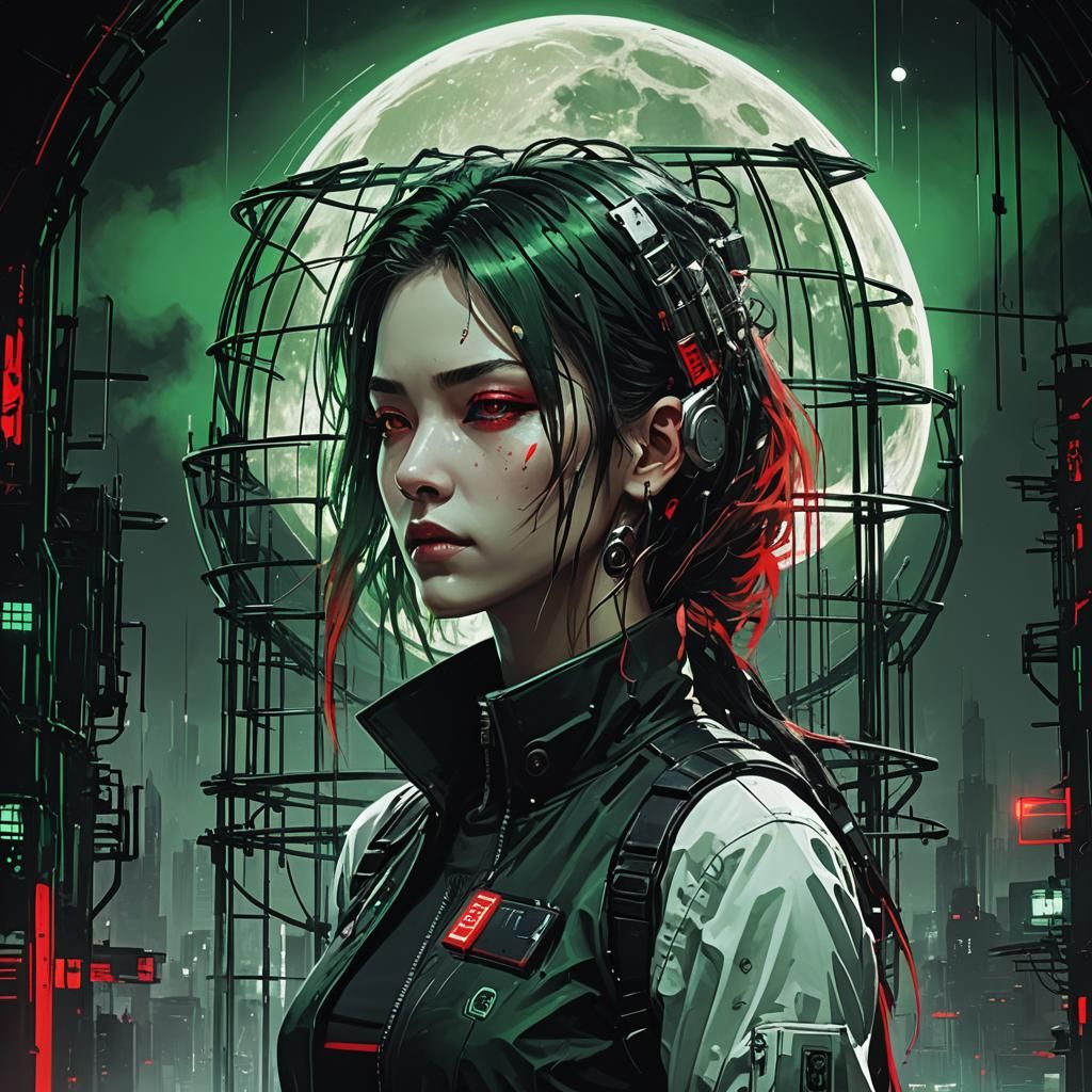 Melancholic Cyberpunk Woman in Cage with Moon