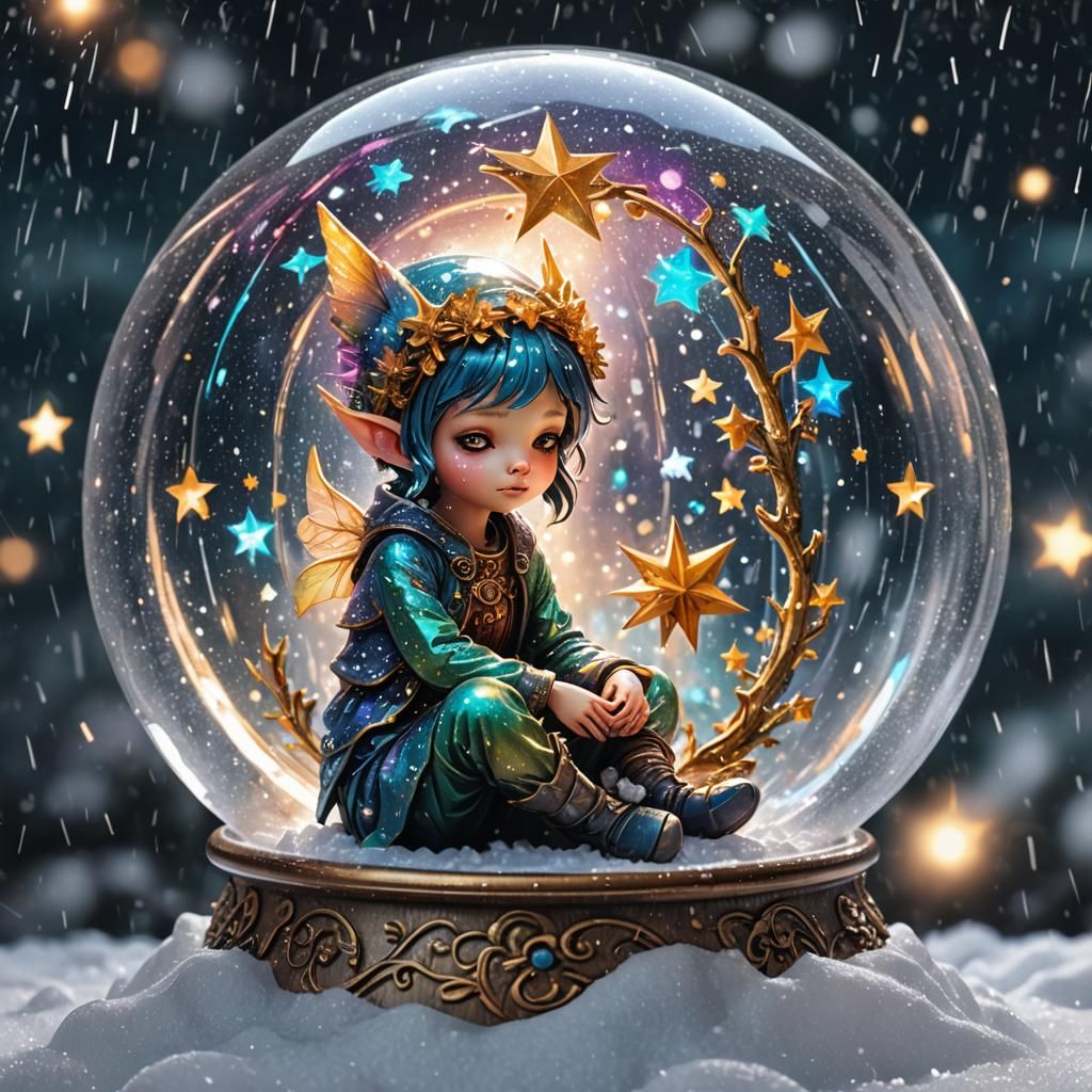Pixie in Rainy Snowglobe, Holographic Astral Illustration