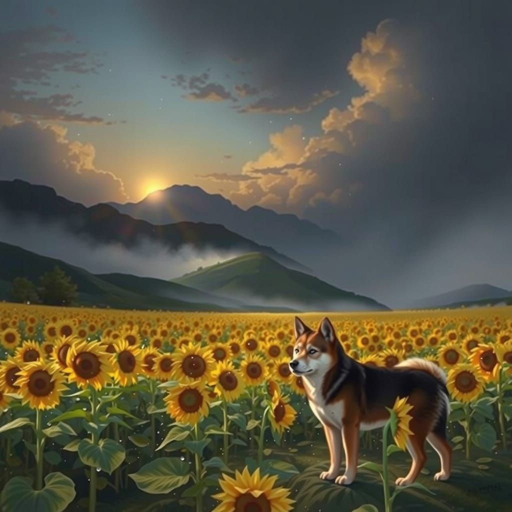 Determined Shiba Inu Puppy Guards Sunflower Field in Golden ...