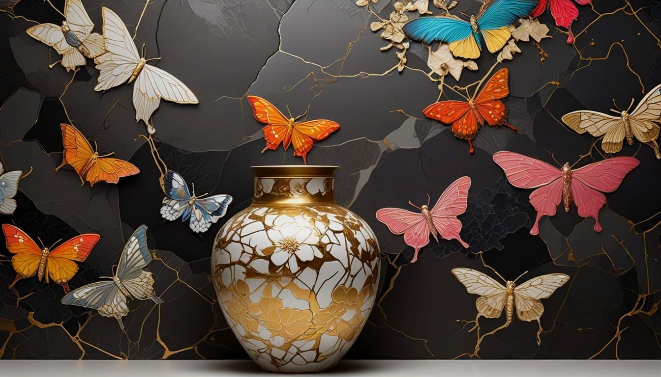 Luxurious Kintsugi Vase with Charcoal Moths in Elegant Japan...