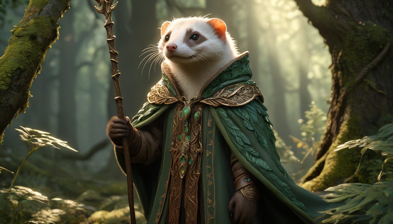Mystical Ferret Druid Stands Among Ancient Trees in Vibrant ...