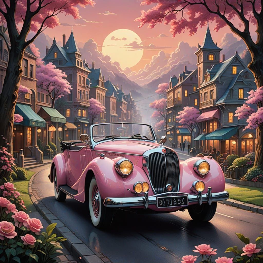Whimsical Pink Panther Cruises in a Rose-Tinted Convertible