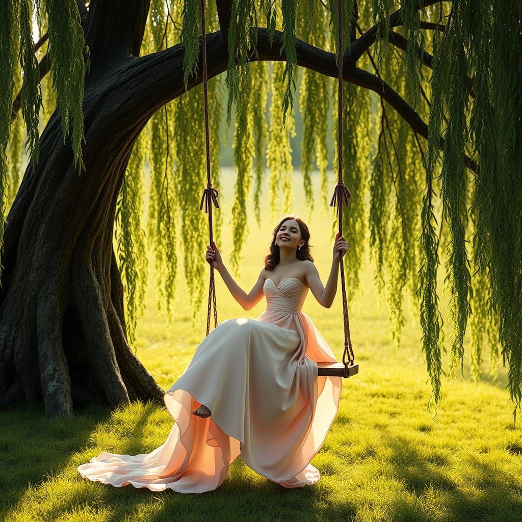 Dreamy Woman Swings Under Weeping Willow