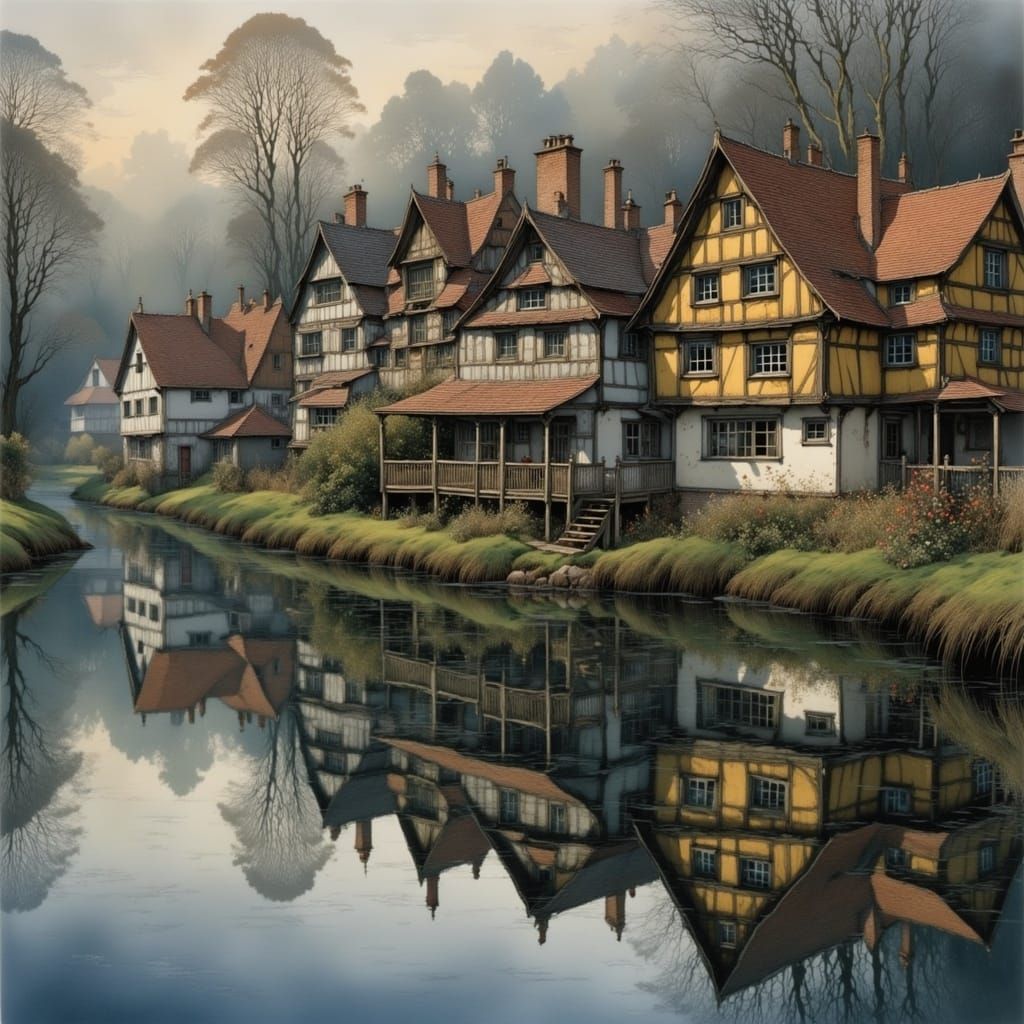 Half-timbered Houses in Morning Fog, a Hyperrealistic Scene