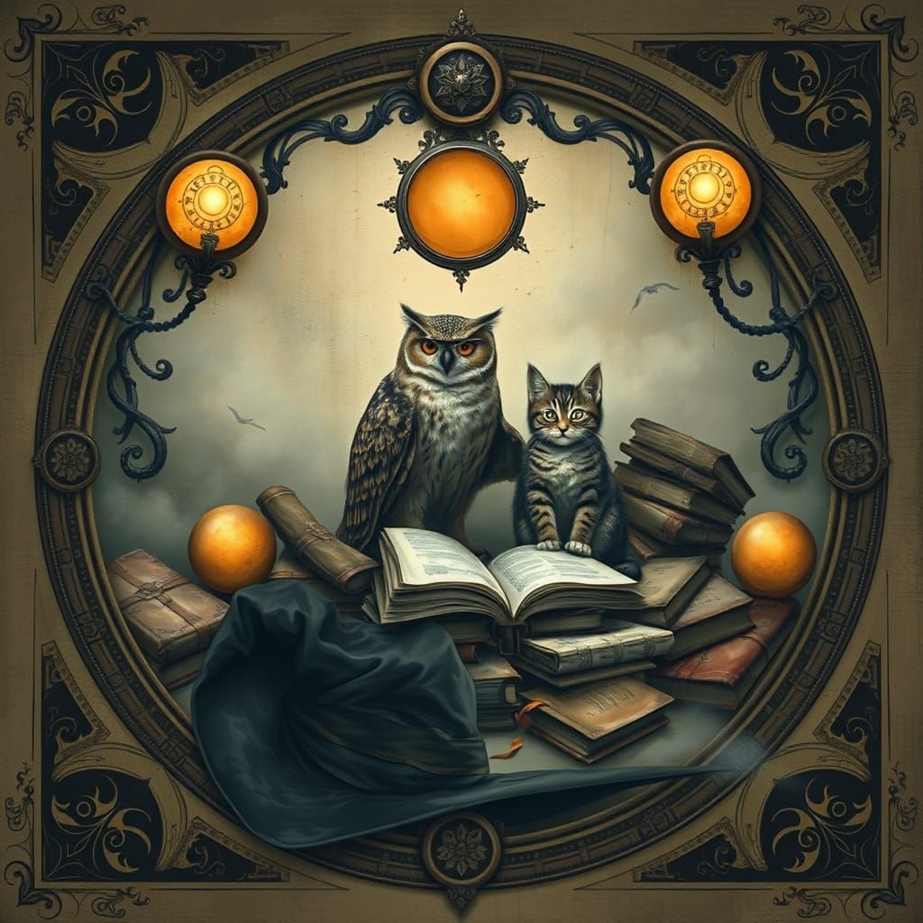 Mystical Circle of Ancient Tomes and Whimsical Creatures