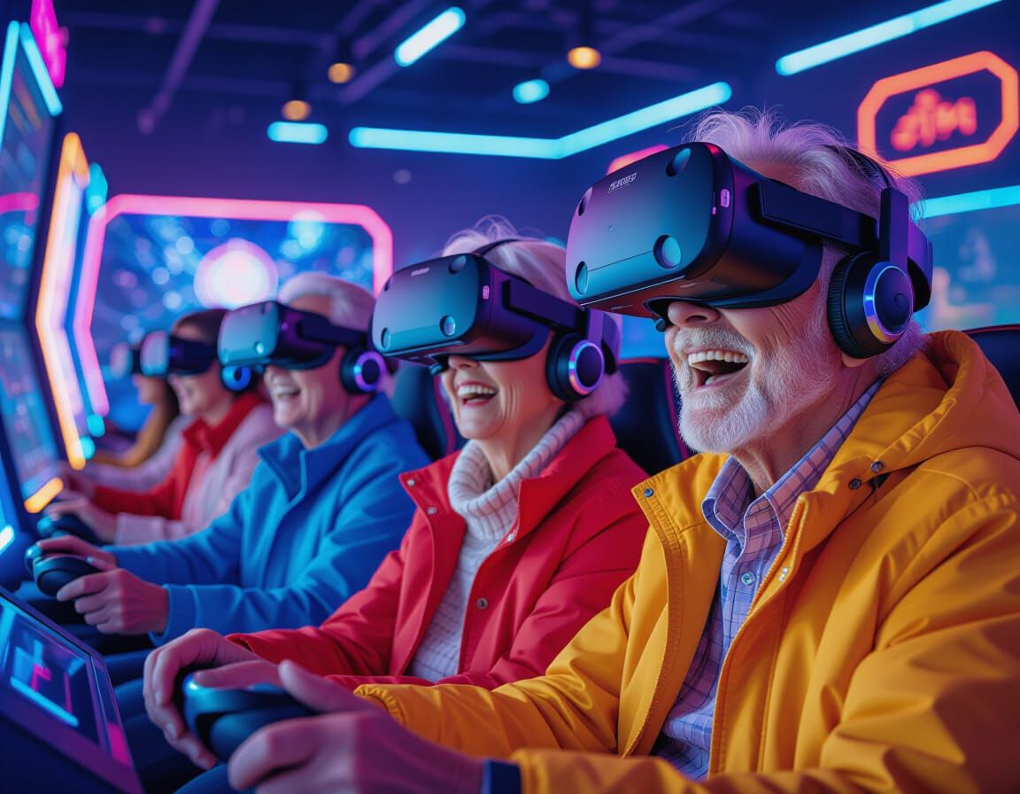 Elderly Gamers Unite in Futuristic VR Arcade