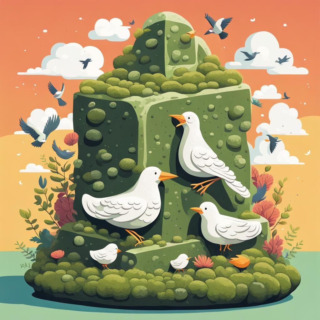 Whimsical Moss Monument Illustration in Splash Art Style