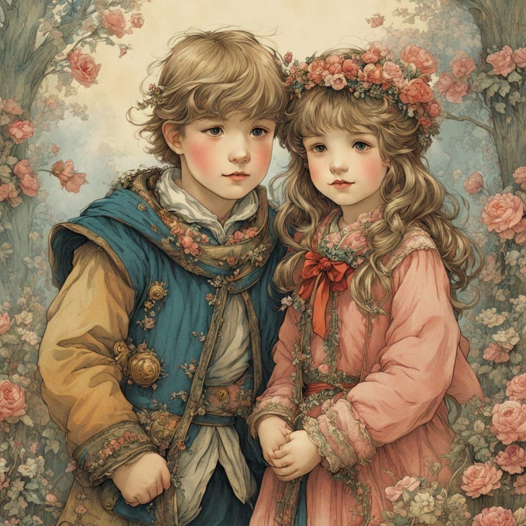 Charming Anime Children in Arthur Rackham Style