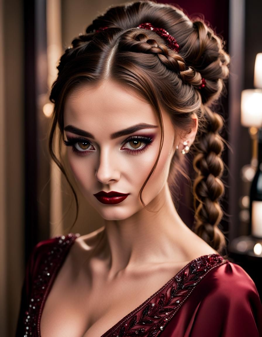 Teenage Girl in Red Gown with Smokey Eyes