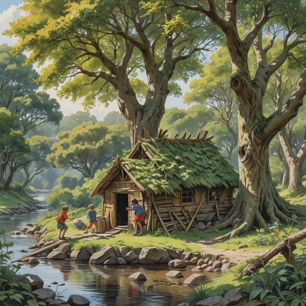 Joyful Children Build Hut: Watercolour and Gouache Illustrat...