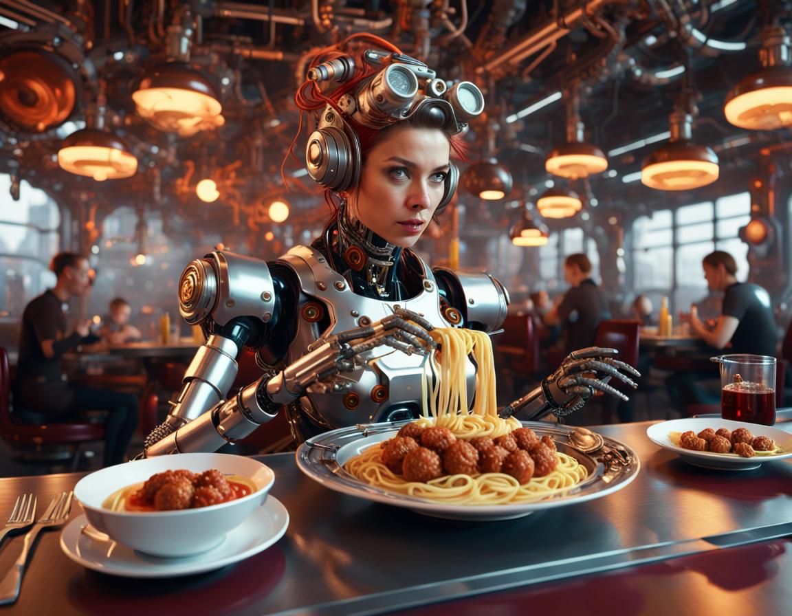Cyborg Steampunk Feast in Futuristic Cityscape