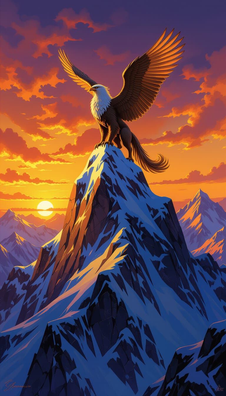 Griffin Perched Atop Mountain Peak at Sunset