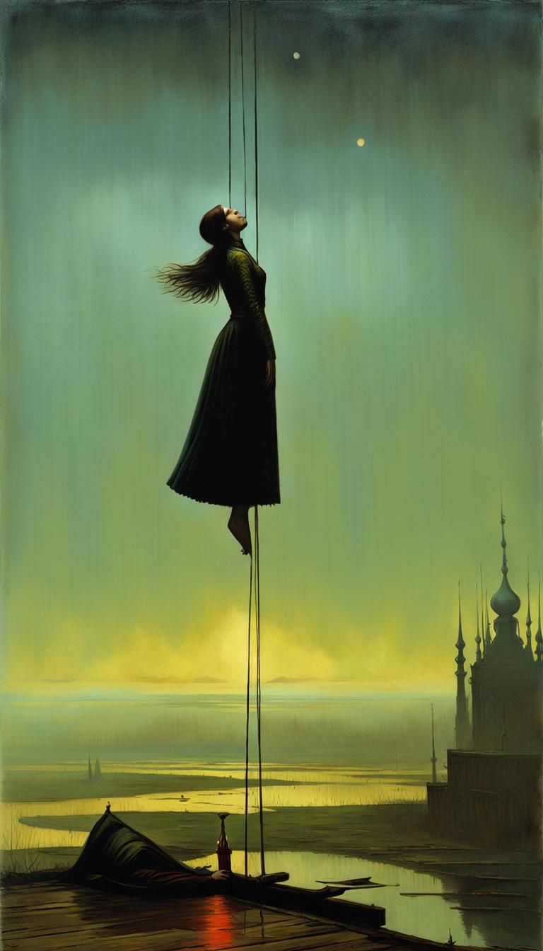 Medieval Woman Frozen in Air, Moody Art