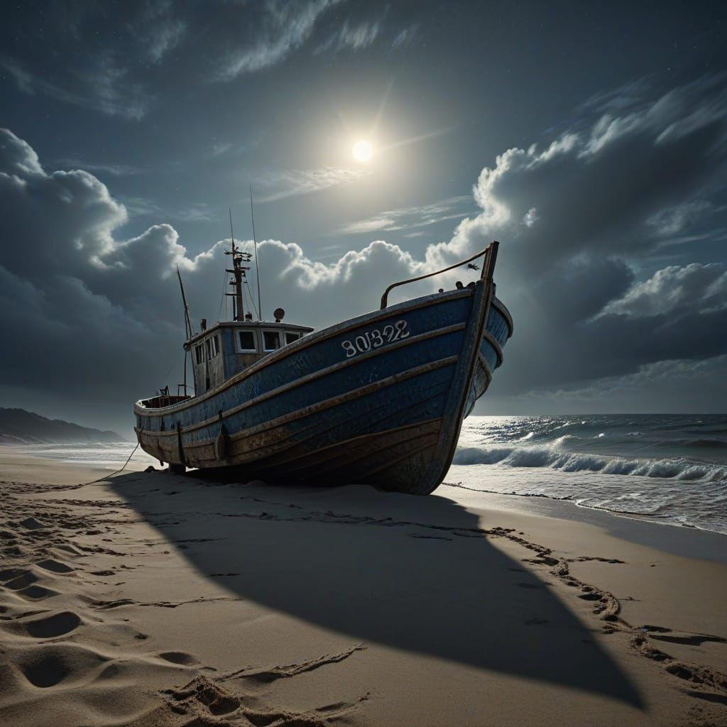 Moonlit Beachside Fishing Boat in Dramatic Seascape