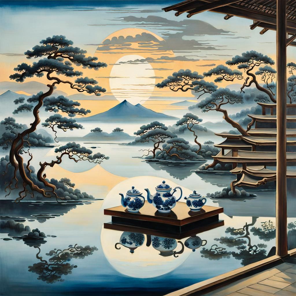 Japanese Tea Ceremony at Sunset, Oil on Canvas