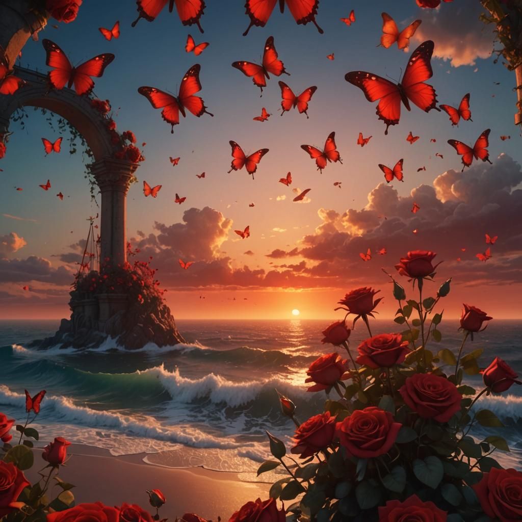 Red Butterflies and Roses at Sunset