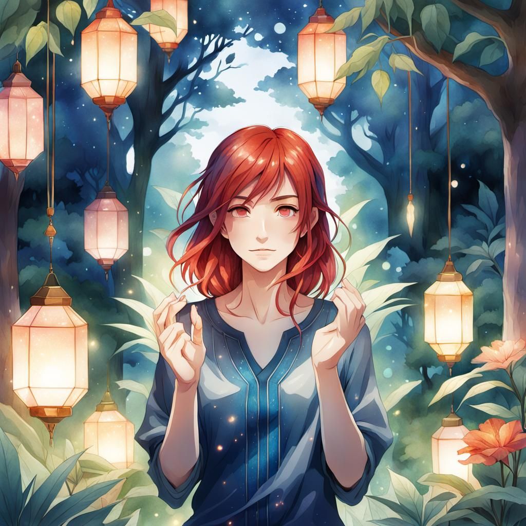 Anime Woman with Sapphire Gemstone in Lush Garden