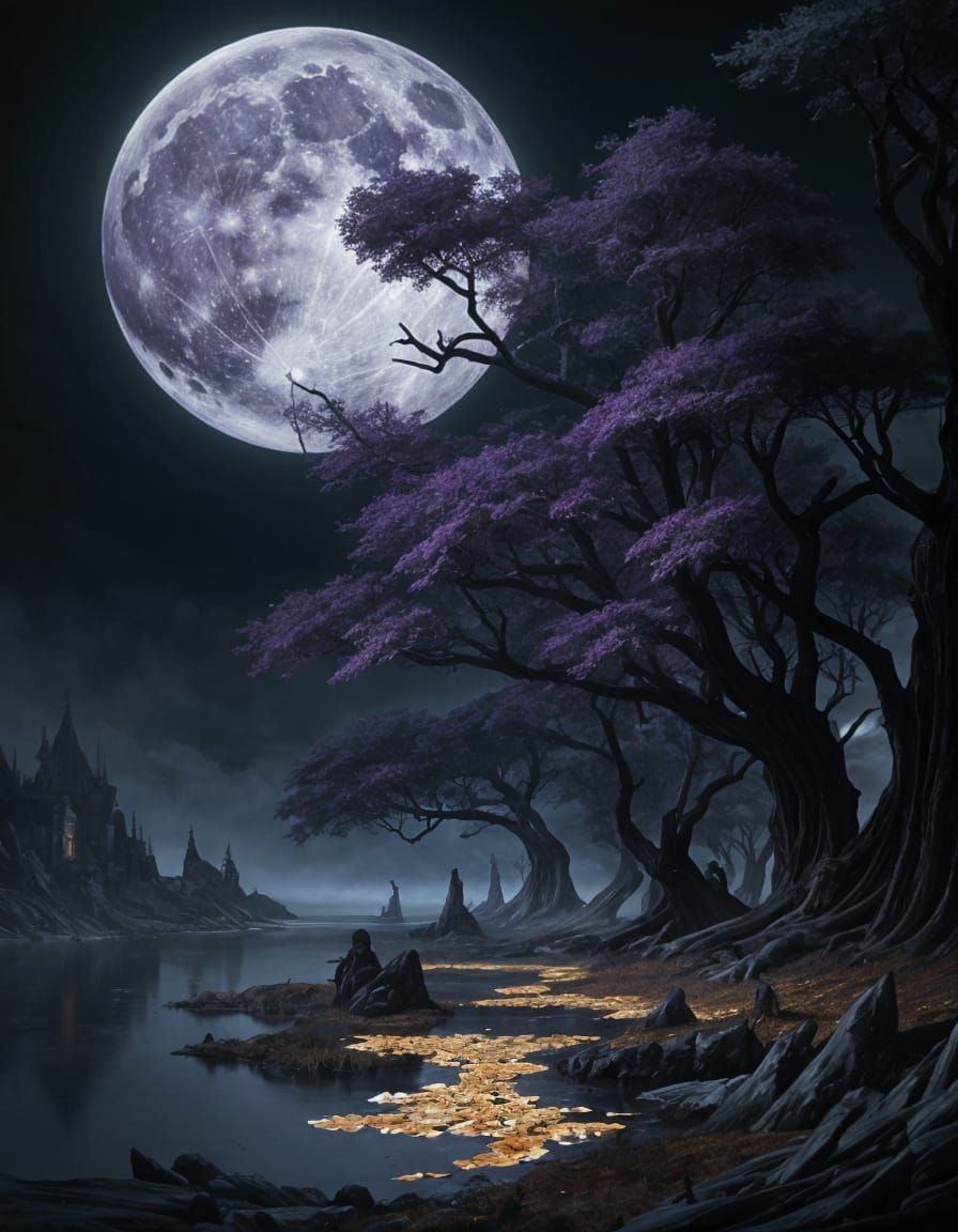 Epic Fantasy Scene with Purple Oak Leaves