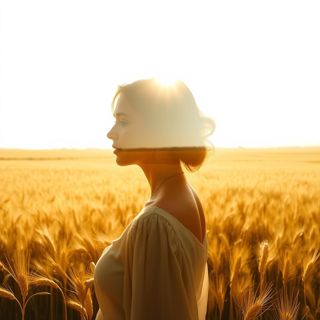 Double Exposure: Woman and Wheat Field Panorama