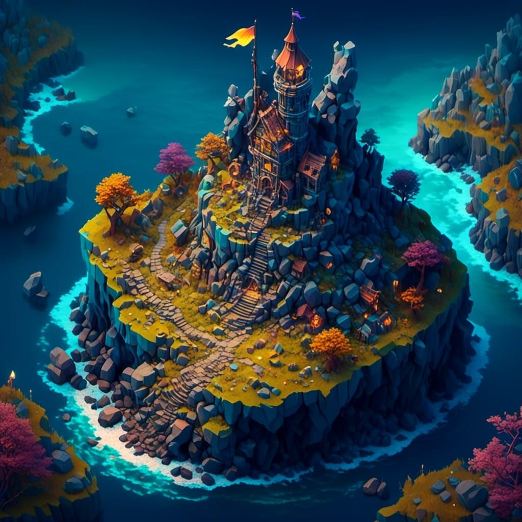 Isometric Wizard Tower on Island with Bokeh