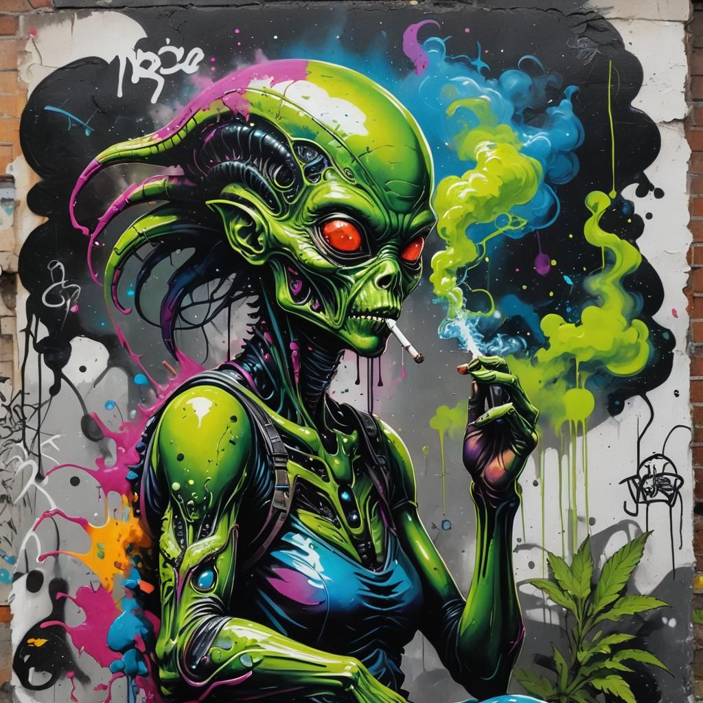 Colorful Alien Smoking Weed in Graffiti Art Style