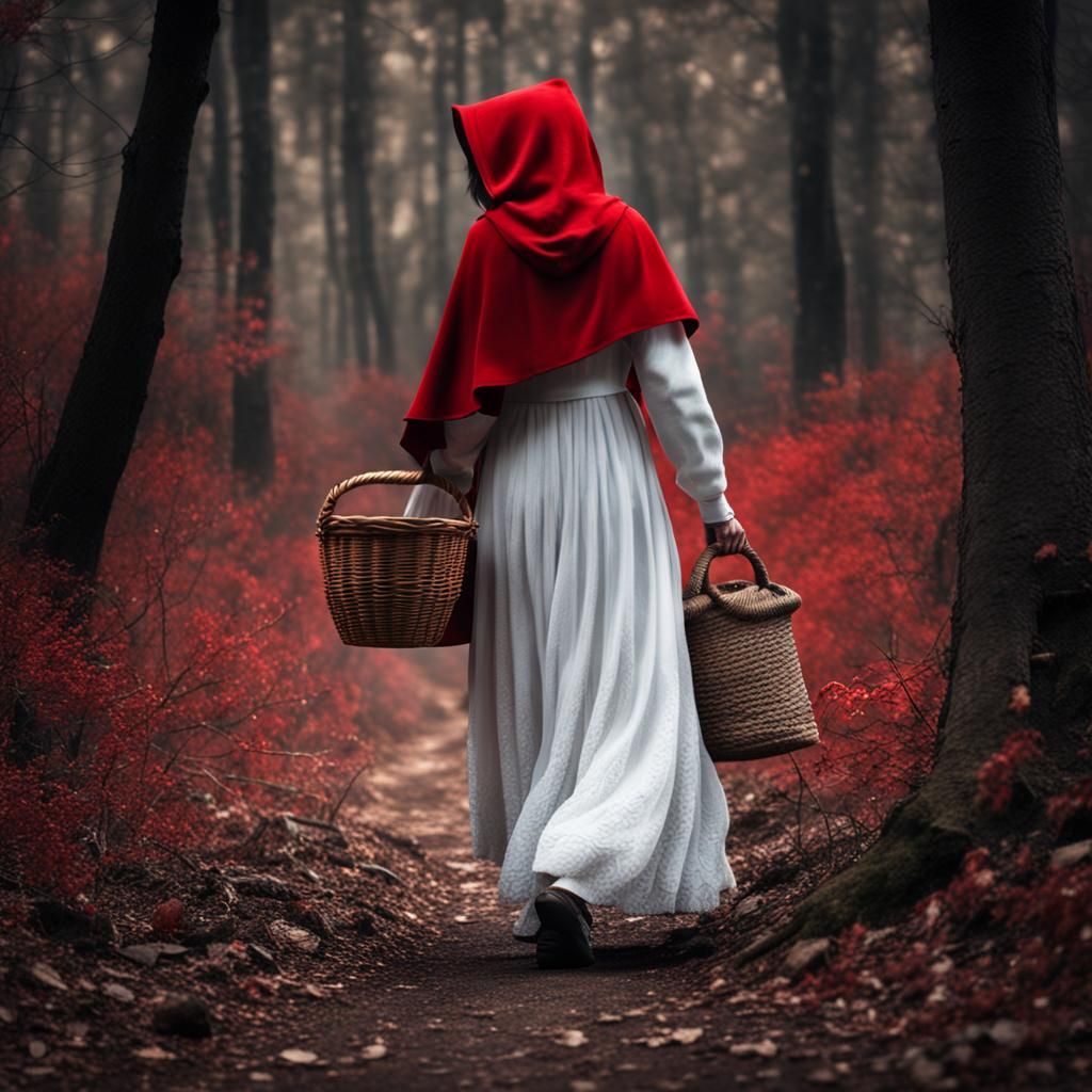 Girl in Red Hood Walking in Woods