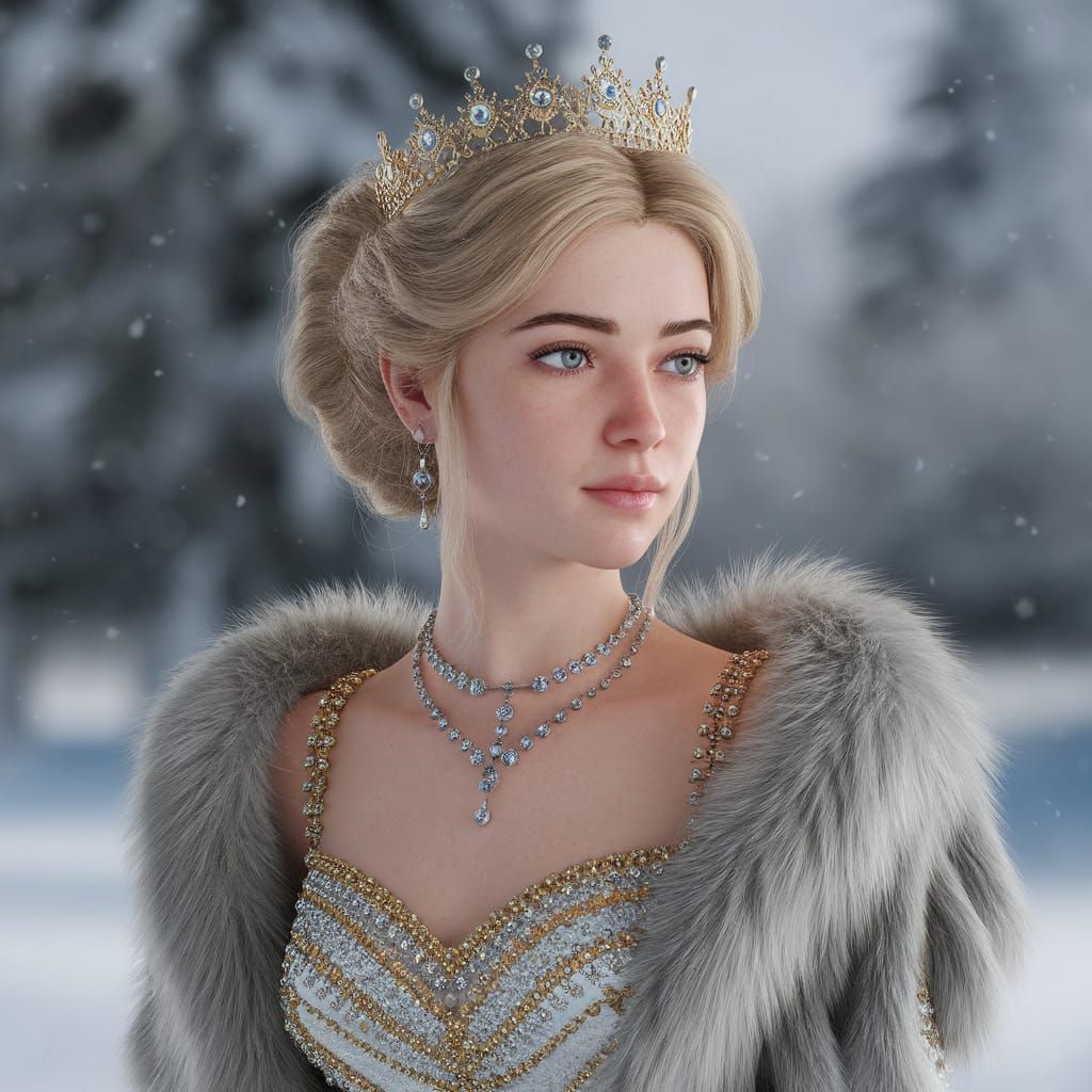 Regal Fantasy Portrait of a Blonde Queen in Snowy Splendor