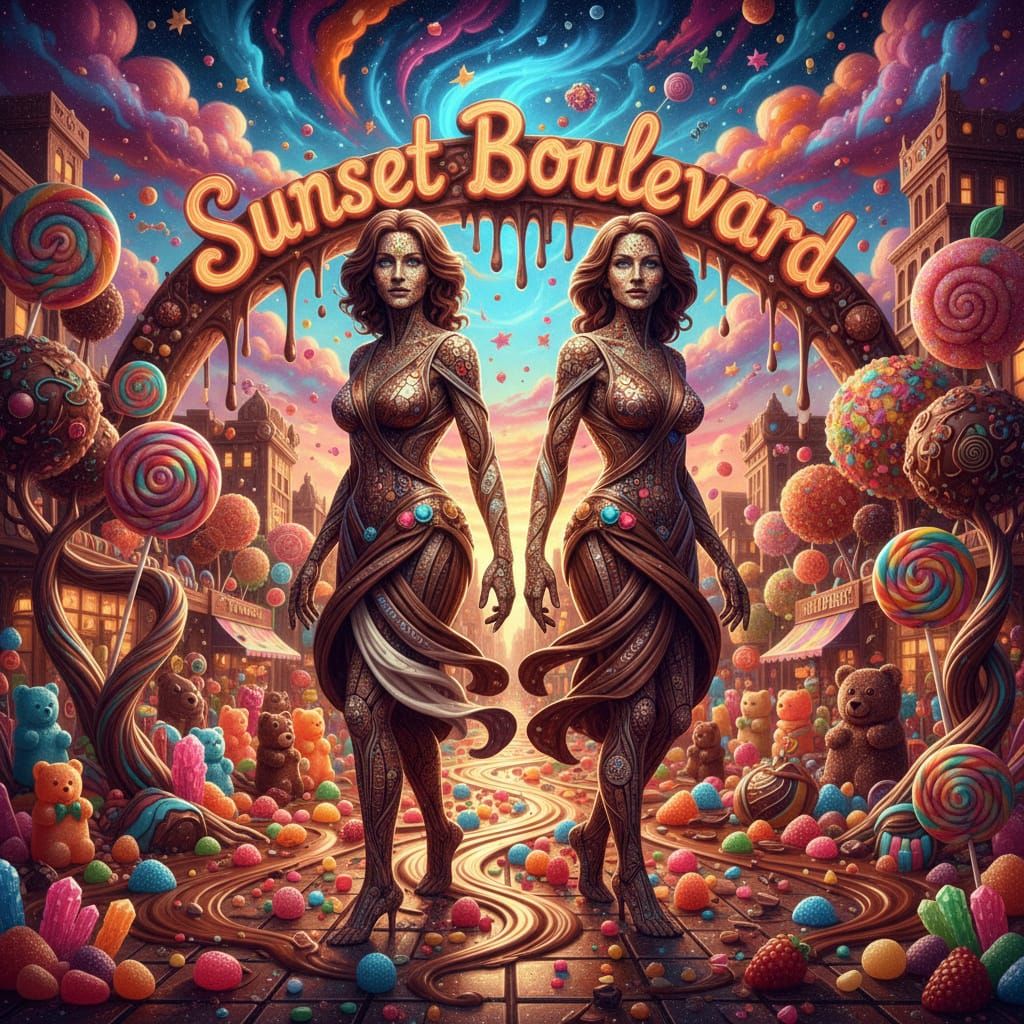 Chocolate Figures on Sunset Blvd Amidst Candy Kaleidoscope