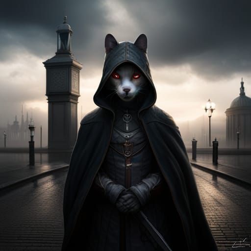 Ominous Cat Thief in a Dark Street, Hyperdetailed Photograph...