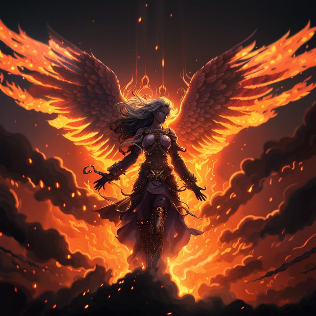 Angelic Figure Soaring Through Burning Sky