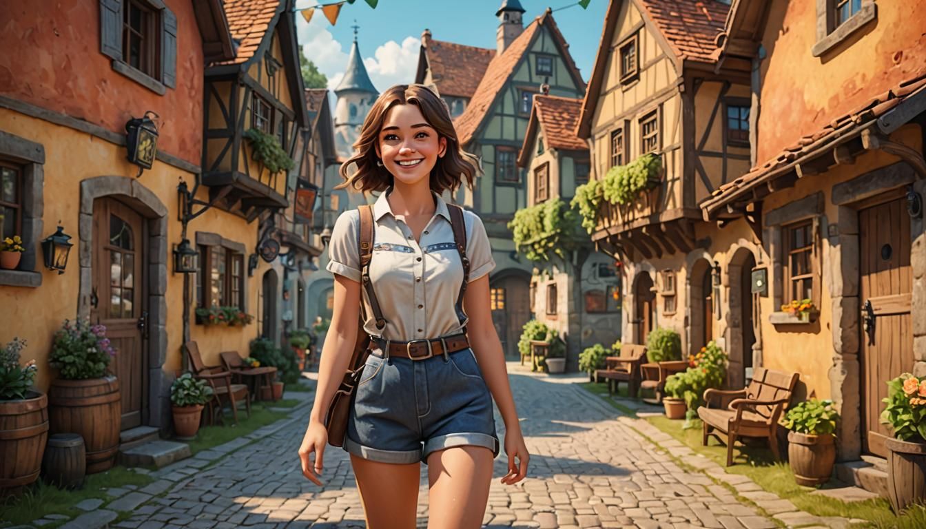 Smiling Girl in Vintage German Village: 3D Art