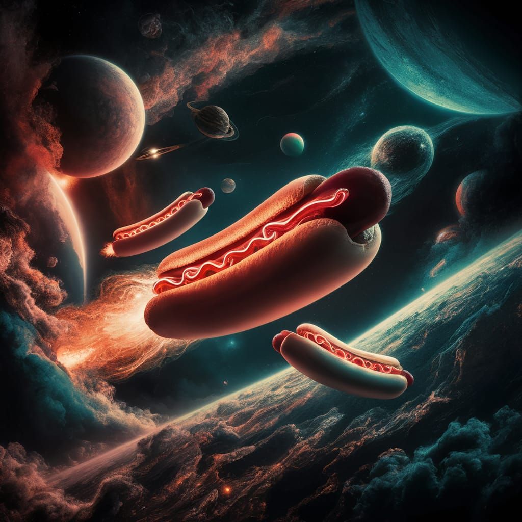 Hyperrealistic Hotdogs Fly Through Vibrant Space