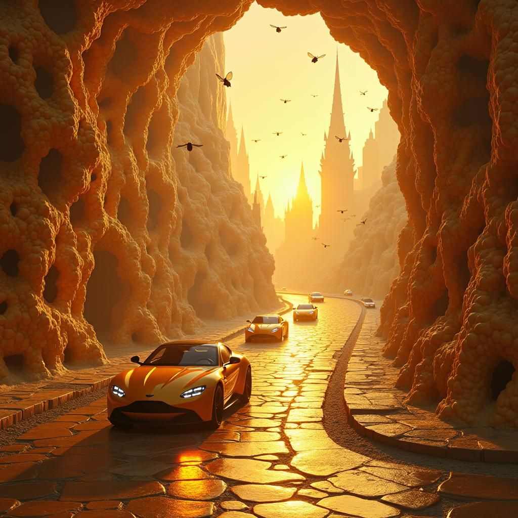 Beehive Metropolis: Golden Lit Futuristic Concept Art