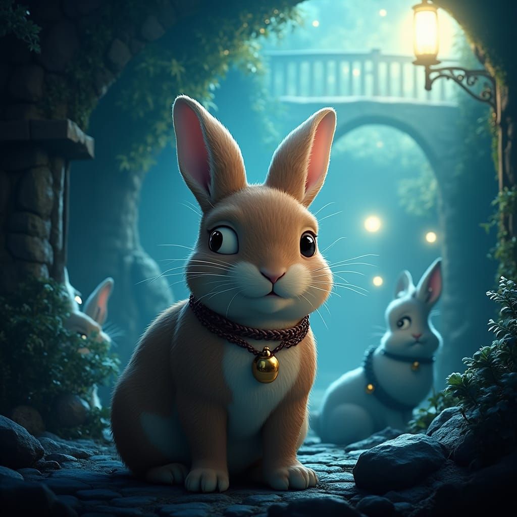 Three Rabbits Under Bridge at Night