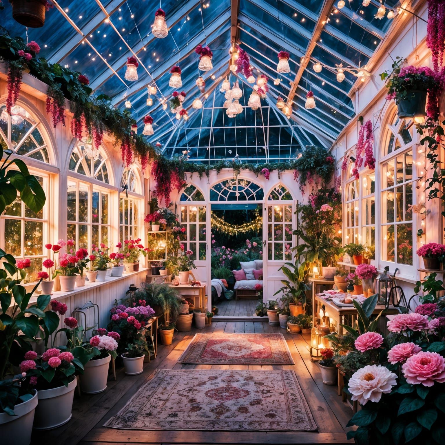 Pink Greenhouse at Night with Fairy Lights