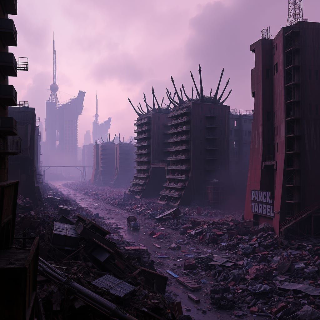 Dystopian Metropolis in Maroon and Purple Hues